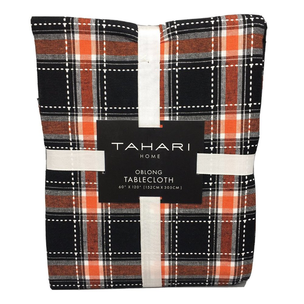 Tahari Halloween Black Plaid Tablecloth 60x120 Orange White Cotton Decor NWT
